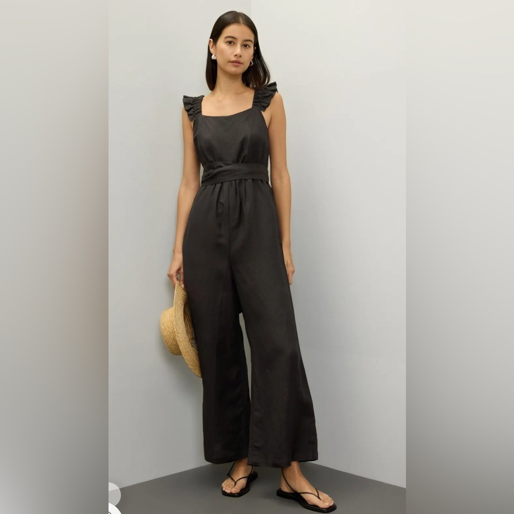 Peter Som Black Linen Jumpsuit Women’s Size 8 Sleeveless Ruffle Strap Criss Cros